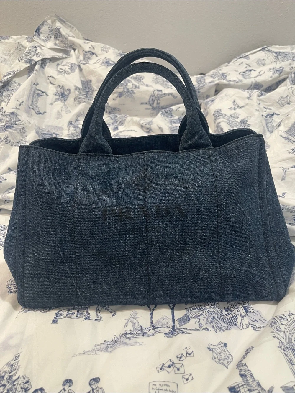 Prada Dark Denim Canapa Tote Bag Large with Strap